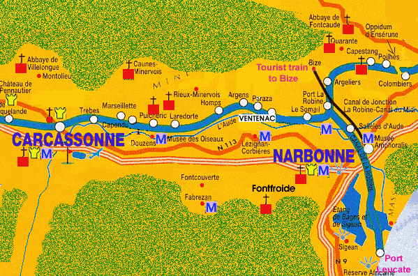 canal du midi map between Carcassonne and Narbonne