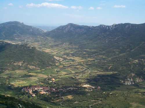 Corbieres, view from Peyrepertuse of valley and Queribus